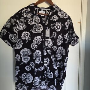 Men's Denim & Flower Black White Roses Casual Button Down Shirt Tropical XL